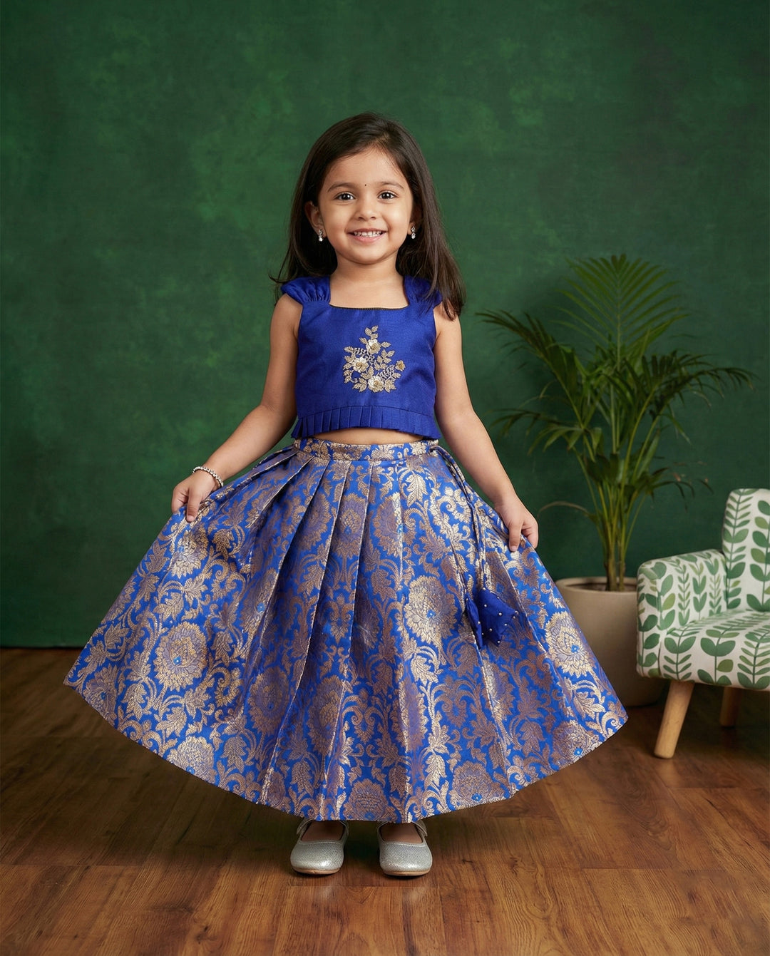 Baby girls royal blue silk Banarasi handwork lehenga choli birthday dress