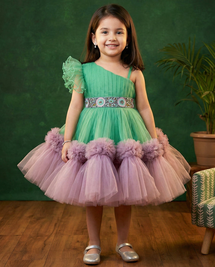 Spring green pastel pink baby girl birthday dress, handwork ruffles frock, pleated party wear dress for kids
