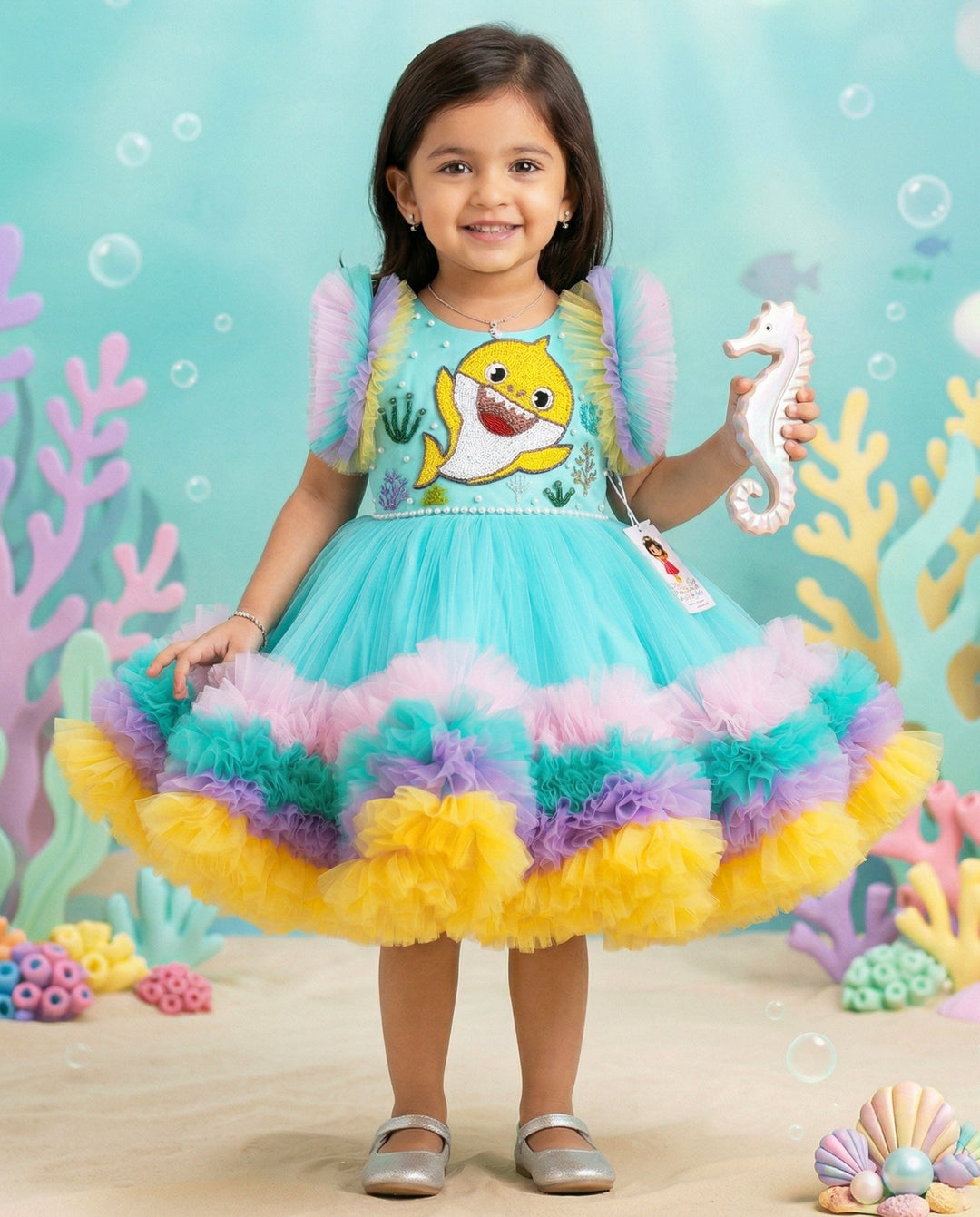 baby shark, designer frock for baby girls, kids clothing, partywear collections baby, 1 year birthday, handwork frocks, multi colour layer frock india