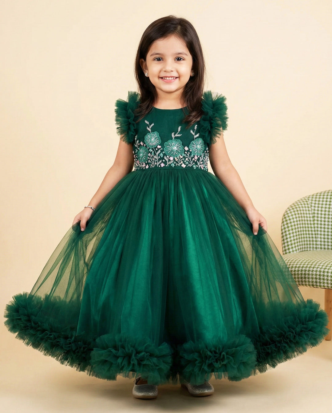 Bottle Green Handcrafted Gown – Heavy Work Partywear Birthday Dress for Baby Girls by Stanwells Kids