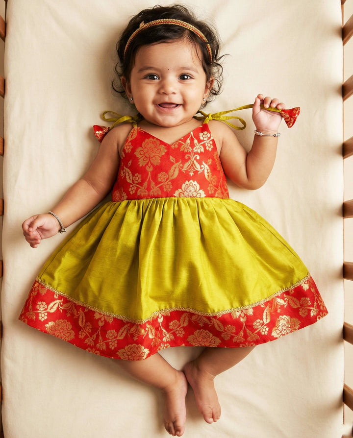 Green &amp; Red Shade New Born Baby Silk Frock for Naming Ceremony Frock