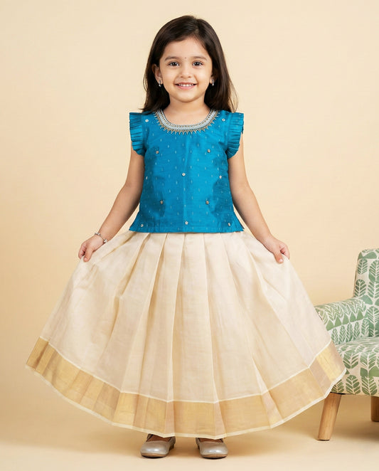 Sky blue copper gold handwork traditional silk lehenga choli for baby girl – Stanwells Kids