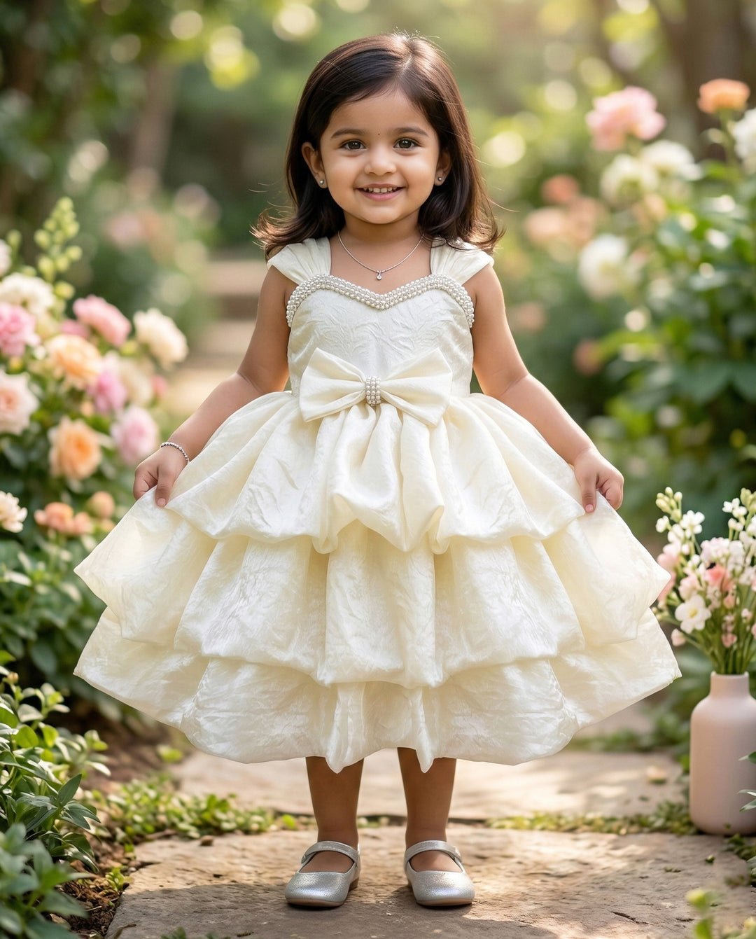 Off white premium silk baby girl birthday dress, western style frock, layered partywear dress, kids birthday outfit for girls