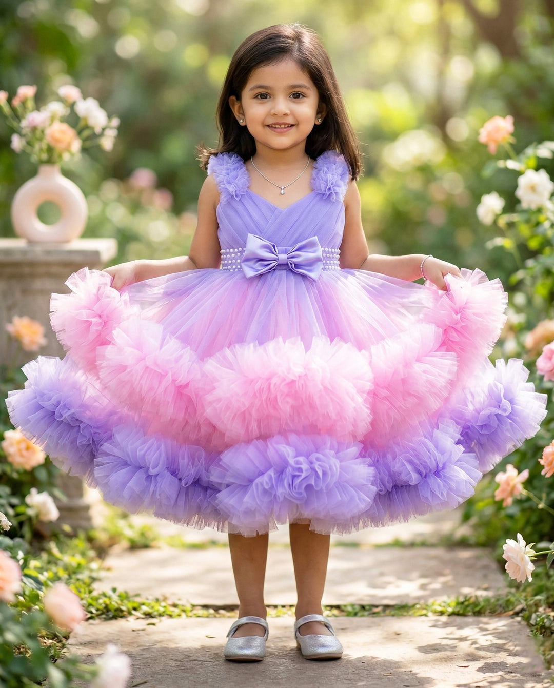 Lavender and Baby Pink Ruffled Birthday Frock – Partywear Dress for Girls by Stanwells Kids