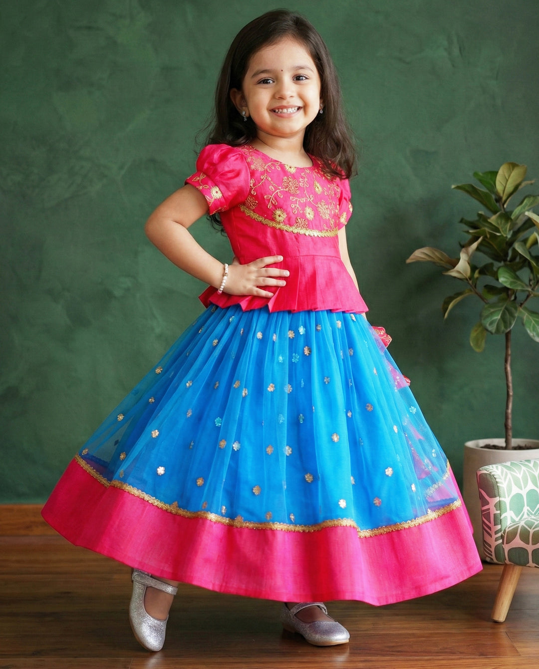 Sky Blue & Pink Combo Baby-Girl Readymade Sequins Embroidery South Indian Lehenga Choli