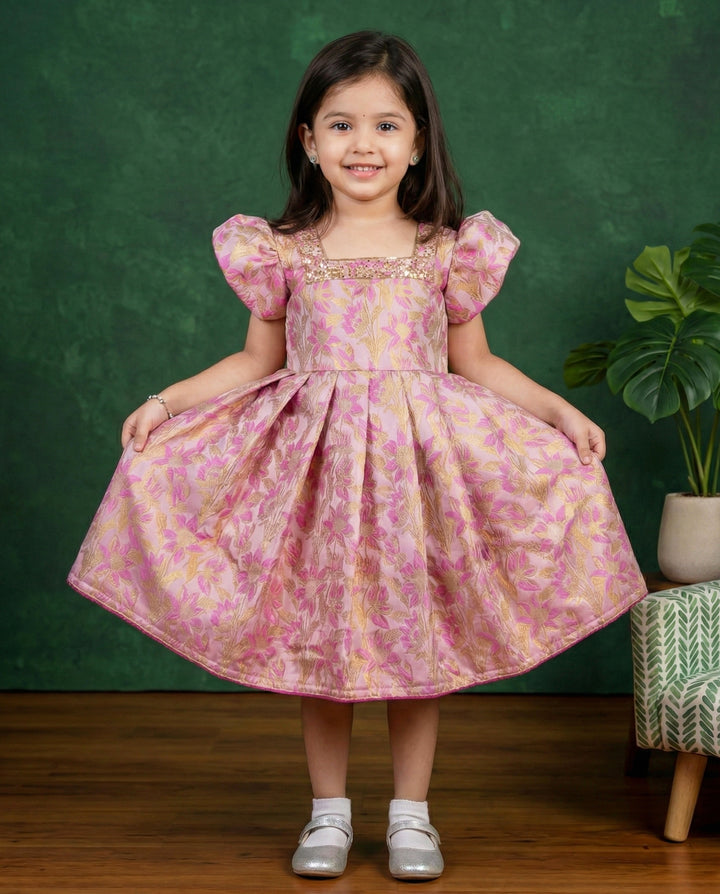 Pink shade designer brocade floral handwork baby girls birthday dress, premium partywear frock for kids, Stanwells Kids