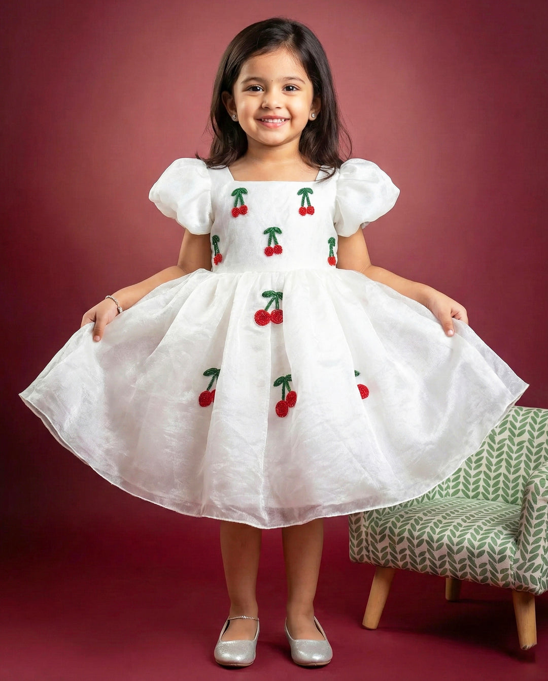 White Organza Cherry Embroidery Baby Girls Birthday Dress | Stanwells Stanwells Kids White Organza Cherry Embroidery Baby Girls Birthday Dress | Stanwells Stanwells Kids