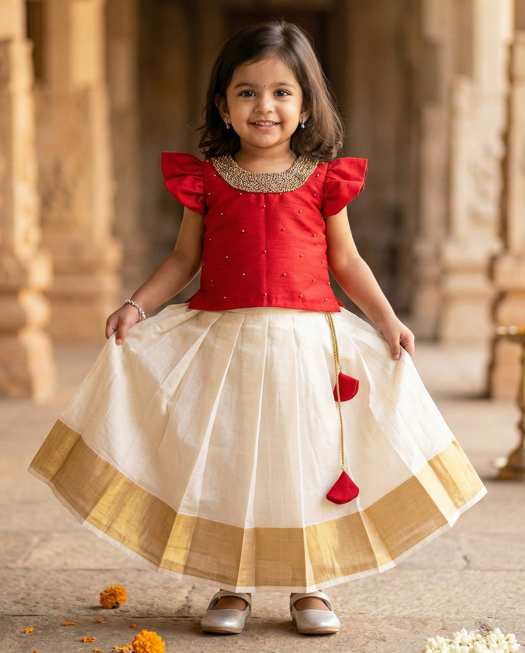 Baby girls birthday dress cream maroon lehenga

Traditional cotton silk lehenga choli for toddlers

Handwork lehenga dress for baby girl's birthday

Cream maroon ethnic dress for baby girl celebration

Elegant baby girl festive outfit in cotton silk


