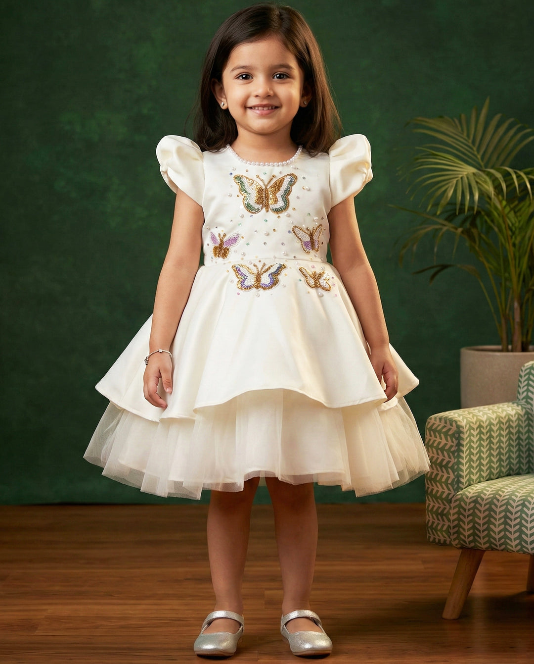 off white silky satin butterfly applique frock for baby girls, birthday dress, party wear frock, elegant kids wear