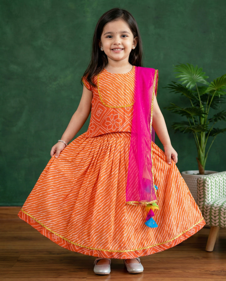 orange kids cotton lehenga choli for kids, stanwells kids baby girls dresses online, bandhej printed casual dresses online