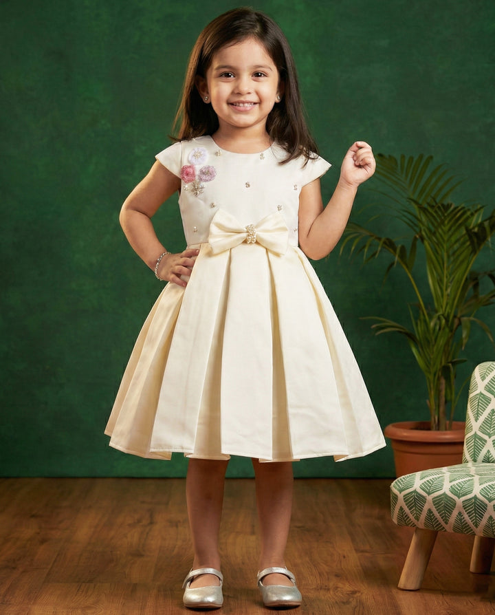 Cream shade silky satin baby girl birthday dress, western style frock, kids party wear dress, box pleated birthday outfit for girls