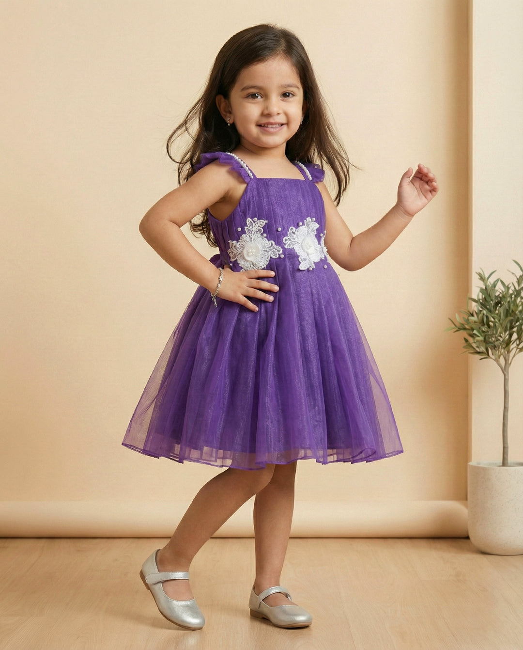pastel violet birthday frock for baby girls, shimmer net flower applique dress, baby girl party wear, toddler birthday dress India, Stanwells Kids