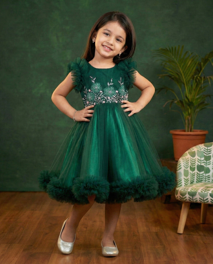 Bottle Green Handcrafted Gown – Heavy Work Partywear Birthday Dress for Baby Girls by Stanwells Kids