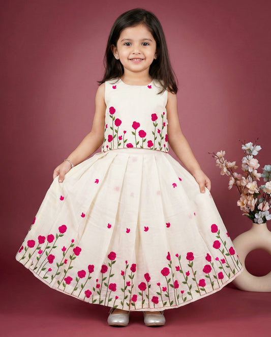 Cream pink floral embroidery Onam special cotton lehenga choli for baby girl – Stanwells Kids