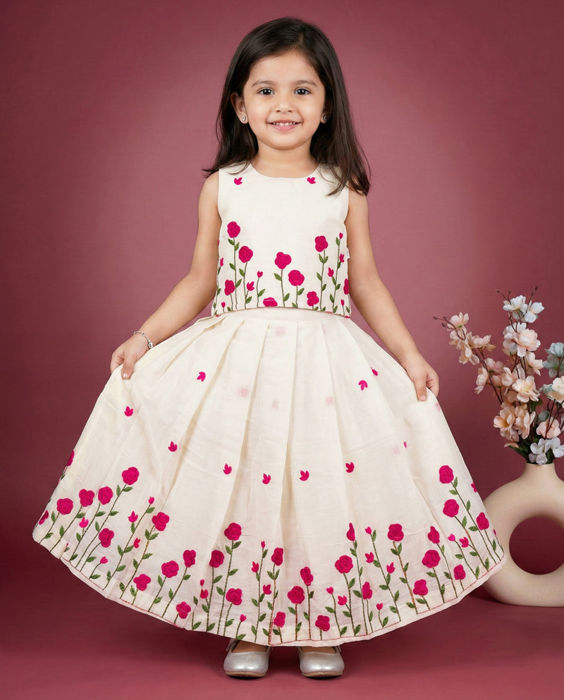 Cream & Pink Combo Floral Embroidery Onam Special Cotton Lehenga Choli