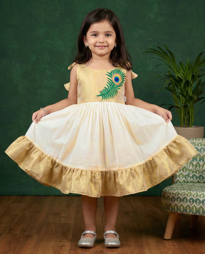 Cream & Golden Shade Kerala Kasavu Mayilpeeli Embroidery Kettuduppu Frock