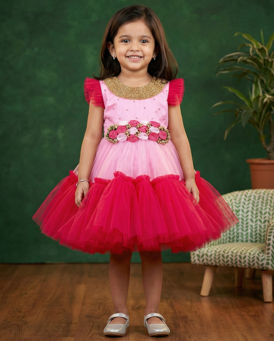 Baby Pink Rany Pink Handwork Frock, Baby Girls Birthday Dress, Designer Partywear Frock, Flower Dress for Baby Girl