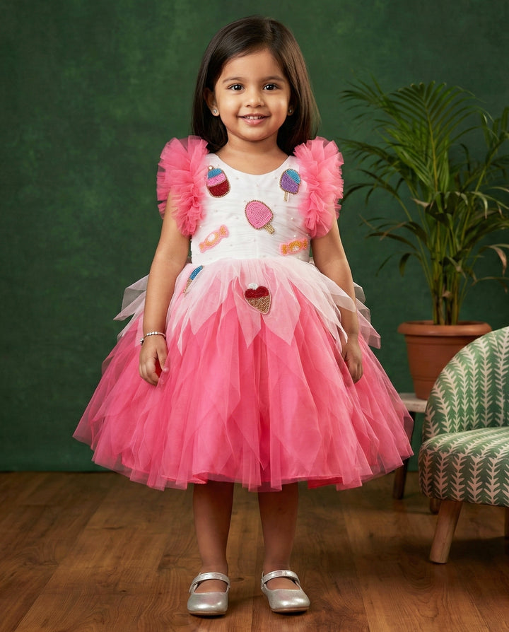 Peach and White Candy Popsicle Theme Frock – Handworked Applique Birthday Dress for Baby Girls by Stanwells Kids