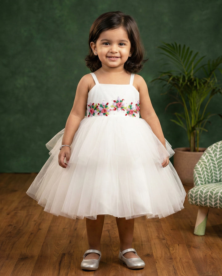 off white birthday dress for baby girls, hand embroidered frock, elegant partywear baby dress, baby girls off white frock, stanwells kids birthday collection