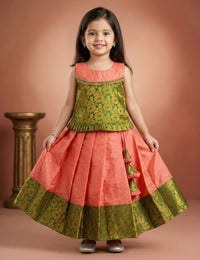 Coral Peach Green Kerala Brocade Silk Lehenga Choli for Baby Girl – Stanwells Kids