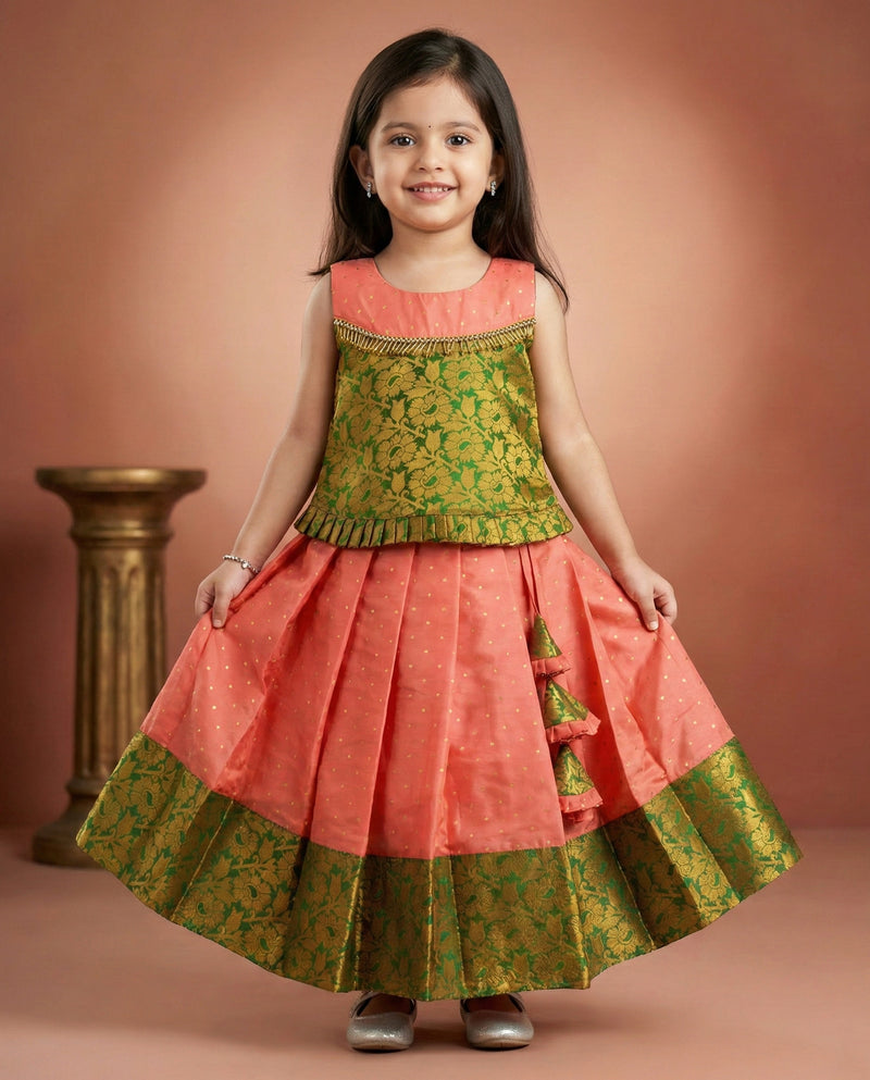 Coral Peach & Green Combo Kerala  Traditional Brocade Silk Lehenga Choli