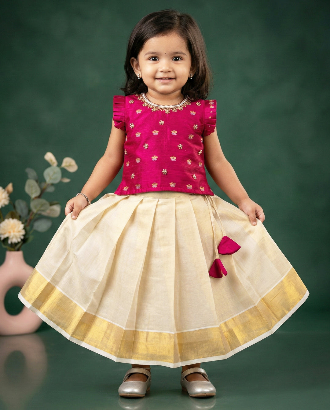 Baby girls sandal and magenta silk lehenga – Kerala Kasavu birthday dress

