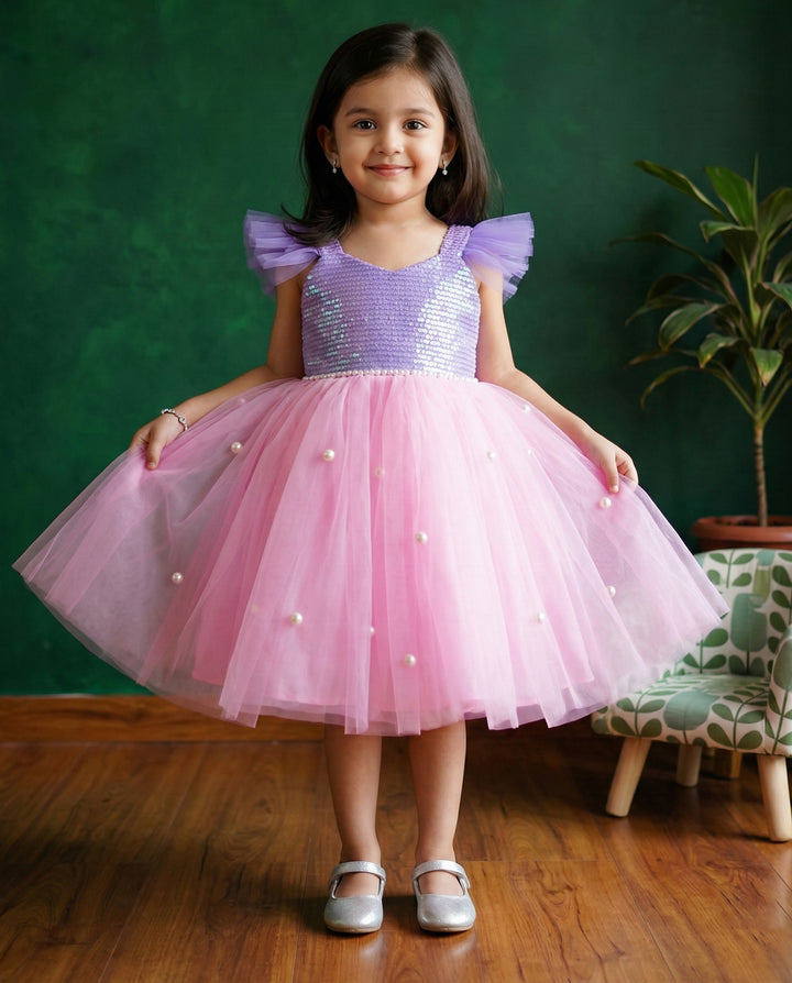 baby girls birthday dress, baby pink lavender frock, designer sequin dress for kids, partywear frock for baby girls, handworked birthday outfit, festive frock, toddler birthday wear, premium kids dress, stylish sequin frock