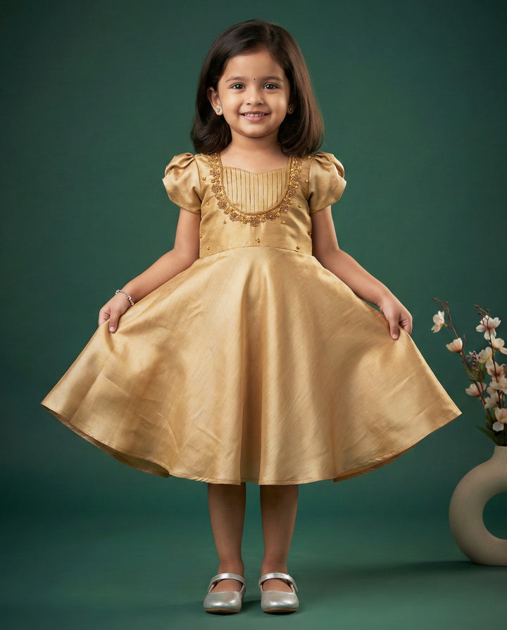 "Metallic Gold Shade Party Perfect Birthday Frock for Baby Girls"