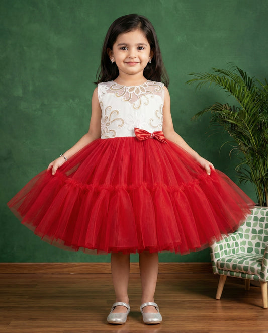 red off white baby girls christmas frock, ruffle partywear dress for kids, baby girl birthday dress, festive frock for toddlers, stylish christmas outfit girls