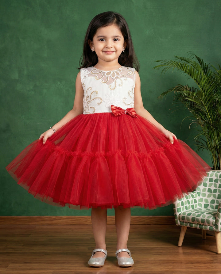 red off white baby girls christmas frock, ruffle partywear dress for kids, baby girl birthday dress, festive frock for toddlers, stylish christmas outfit girls