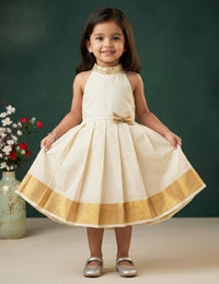 Cream Golden Onam Kasavu Halter Neck Frock for Baby Girl – Stanwells Kids