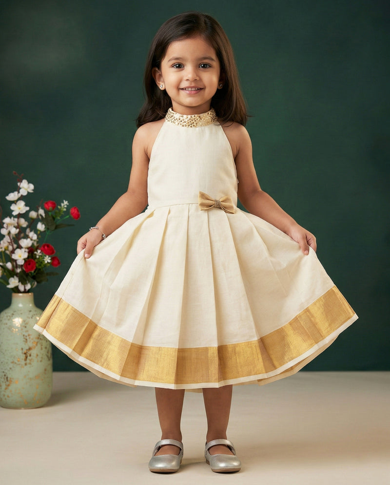 Cream Golden Onam Kasavu Halter Neck Frock for Baby Girl – Stanwells Kids