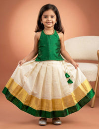 Cream Green Traditional Kerala Kasavu Onam Lehenga Choli for Baby Girl – Stanwells Kids
