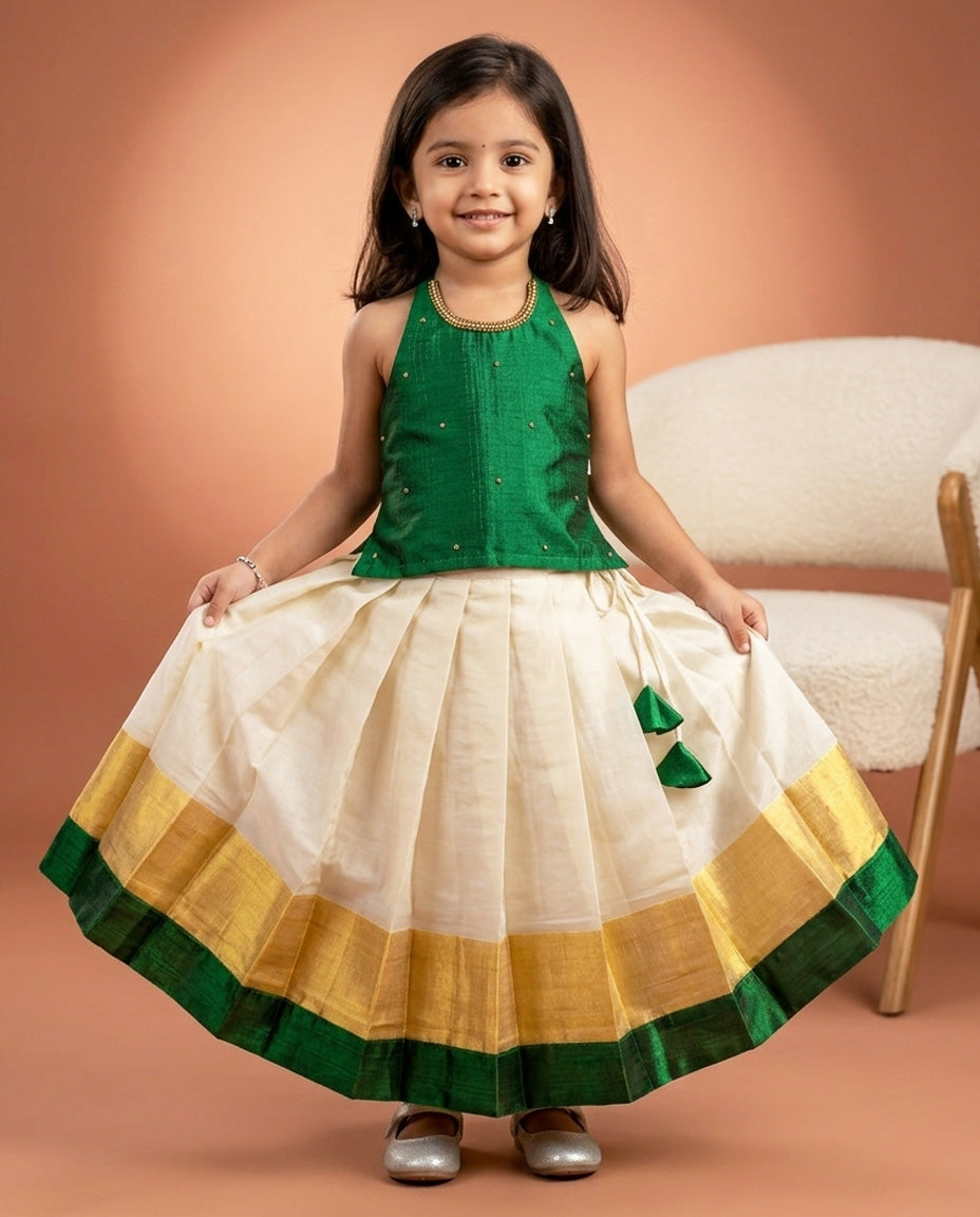 green handwork lehenga choli for kids, kids onam special dresses, onam 2024, kerala kasavu dresses for kids, kettudupu for kids, kids pattu pavadai