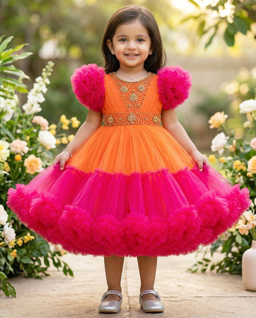Orange & Rany Pink Combo Heavy Handwork Partywear Flared Ruffles Full 
