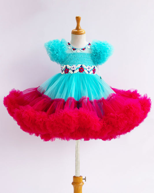 Sky Blue & Rani Pink Combo Heavy Handwork Ruffles Partywear Frock -Sample