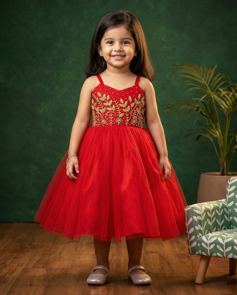 Red Heavy Handwork Frock – Elegant Partywear & Wedding Dress for Baby Girls