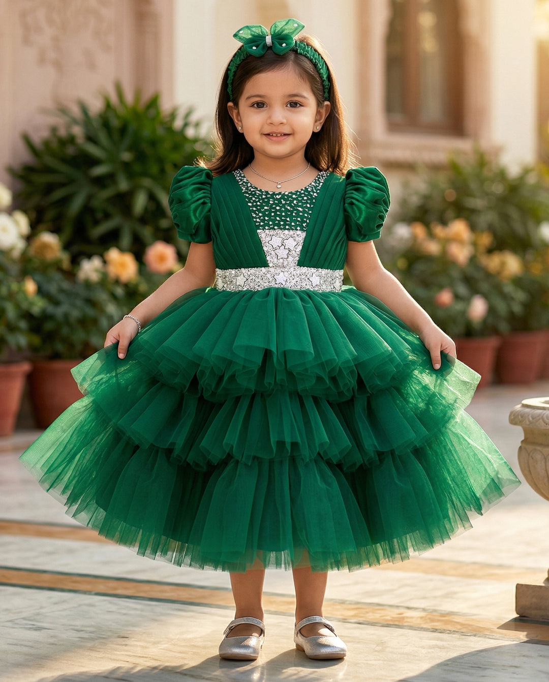 Bottle green hand embroidery birthday dress for baby girls, elegant party dress, baby girls' birthday outfit, special occasion dress, comfortable kidswear.