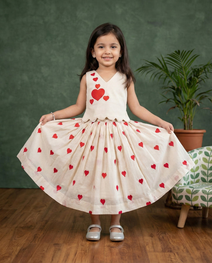 Cream red heart embroidery pure cotton lehenga choli for baby girl – Stanwells Kids