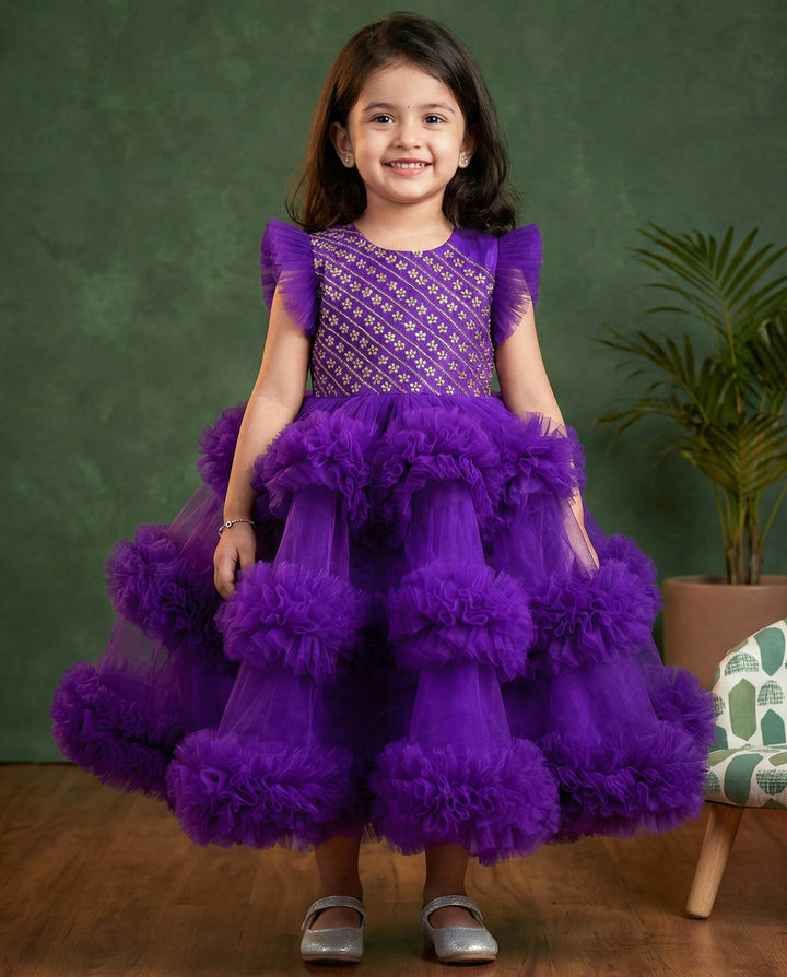 Violet shade baby girl birthday dress, 3 step ruffle frock, party wear dress for kids, violet handwork frock, designer baby birthday outfit