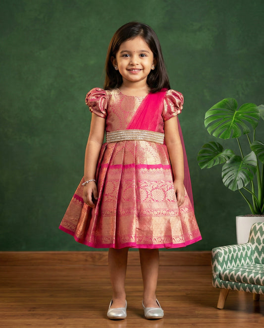 Pink Jacquard Handwork Silk Frock – Ethnic Partywear for Little Girls-Sample