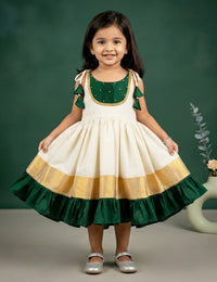 Cream Green Onam Special Kerala Kasavu Kettuduppu Frock for Baby Girl – Stanwells Kids