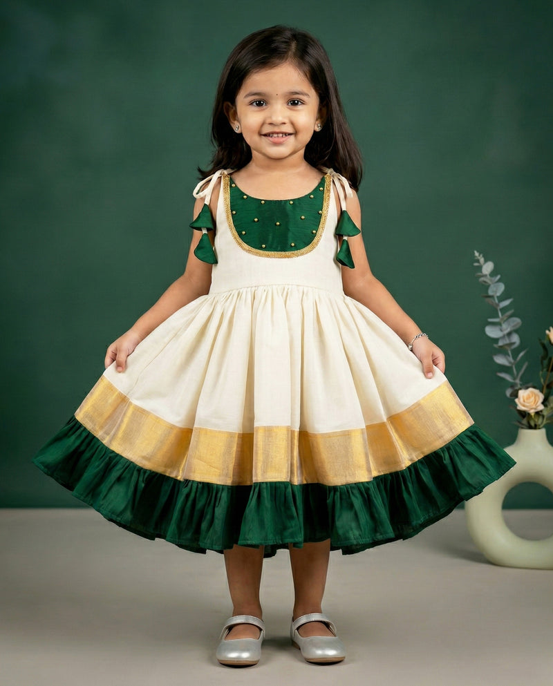 Cream & Green Shade Onam Special Kerala Kasavu Kettuduppu Frock