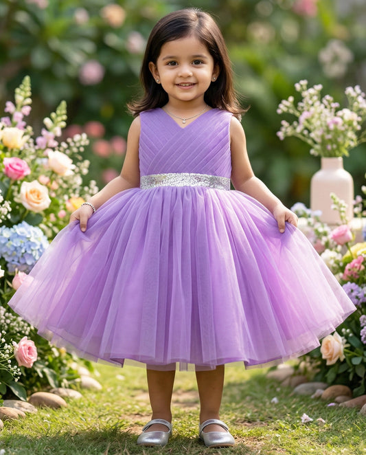 Pastel Lavender Pleated Knee Length Frock