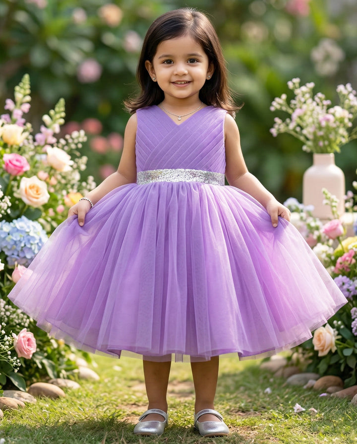 Pastel Lavender Pleated Knee Length Frock