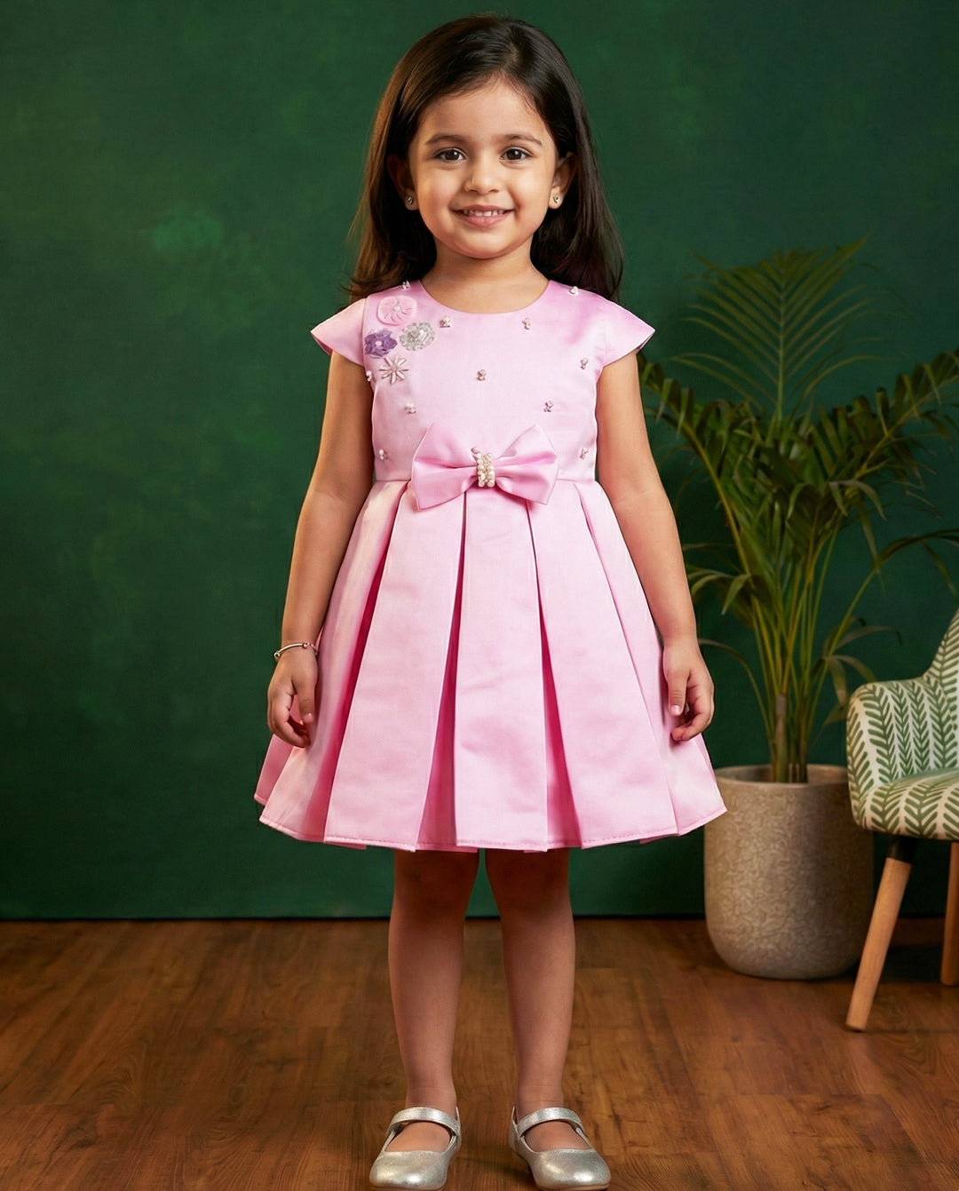 Baby pink silky satin baby girl birthday dress, western style frock, box pleated party wear, kids birthday dress for girls