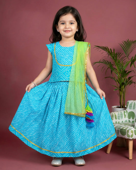 Blue bandhej printed cotton lehenga choli for baby girl – Stanwells Kids