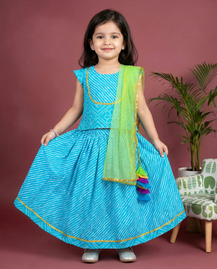 kids cotton lehenga choli stanwells kids, blue dresses for kids, bandhej printed dress for kids