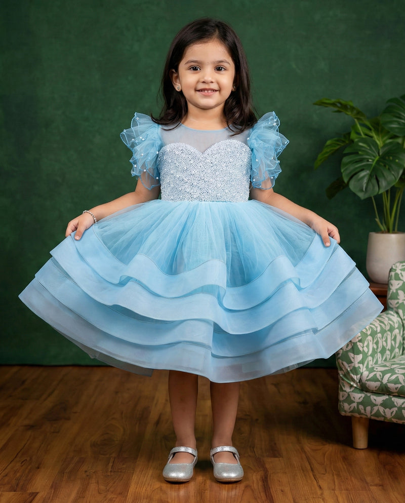 Pearl Blue Heavy Handwork Baby Girls Premium Partywear Step Frock