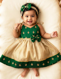 Bottle Green Copper Gold Onam Cotton Kettuduppu Frock for Baby Girl – Stanwells Kids